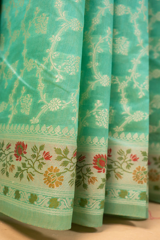 Banarasi Candy Pista Pure Cotton Silk Saree with Floral Border & Silver Zari Jaal Weaving