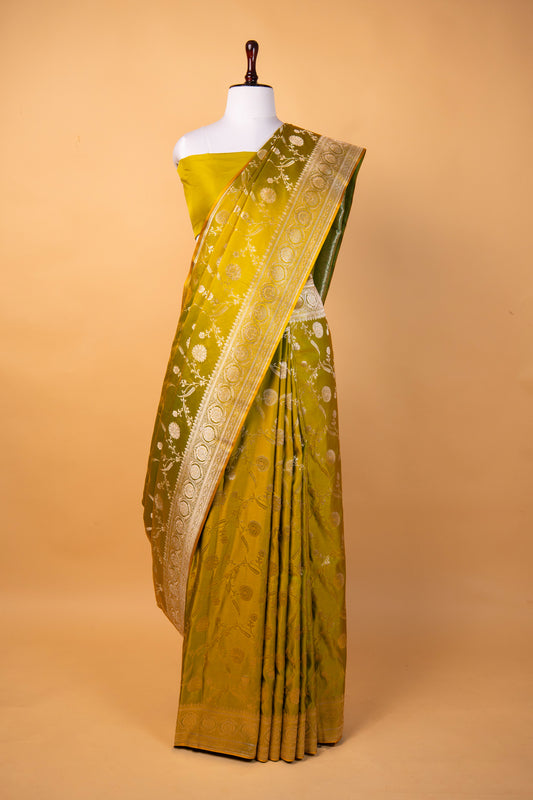 Banarasi Olive Green Mashru Silk Saree with Silver Zari Floral Weaving
