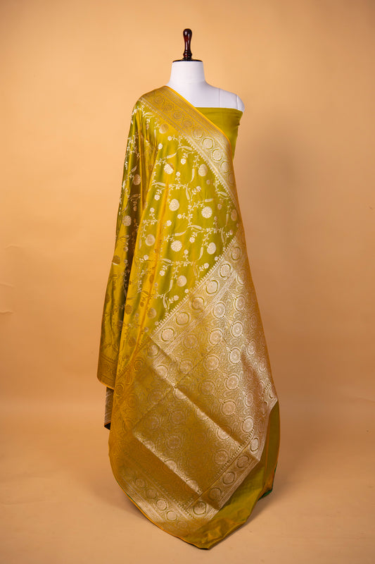 Banarasi Olive Green Mashru Silk Saree with Silver Zari Floral Weaving