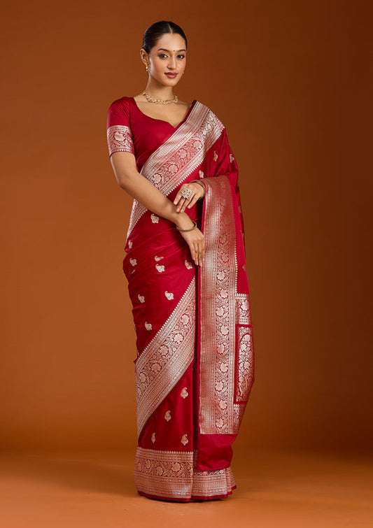 Banarasi Deep Maroon Pure Banarasi Mashru Silk Saree with Silver Paisley Motifs