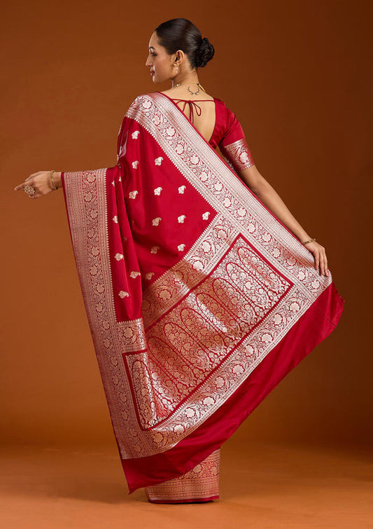 Banarasi Deep Maroon Pure Banarasi Mashru Silk Saree with Silver Paisley Motifs