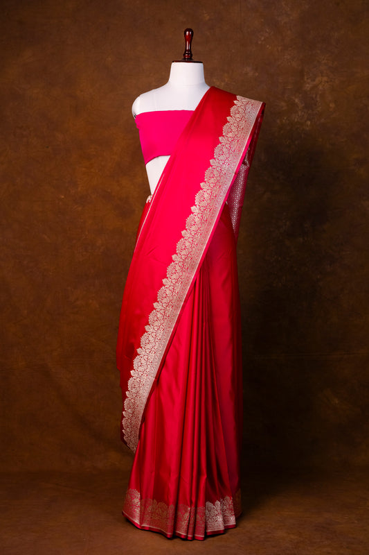 Royal Rani Pink Pure Banarasi Mashru Silk Saree with Rich Zari Border