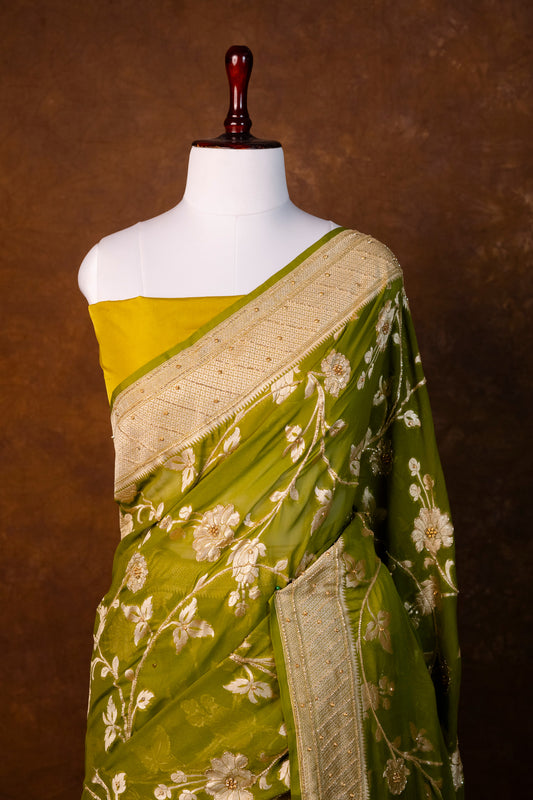 Luxury Olive Green Pure Khaddi Silk Saree with Handwork Floral Work