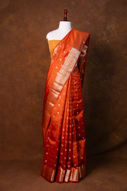 Classic Rust Orange Pure Chiniya Silk Saree with Zari Butta Work. ! Chiniya Silk !