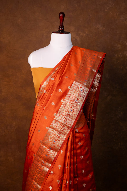 Classic Rust Orange Pure Chiniya Silk Saree with Zari Butta Work. ! Chiniya Silk !