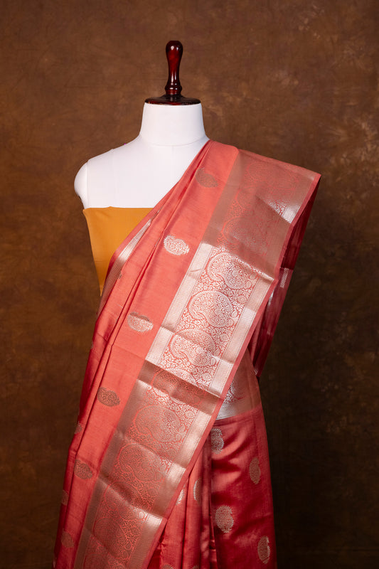 Elegant Coral Red Chiniya Silk Silk Saree with Silver Zari Motifs ! Chiniya Silk !