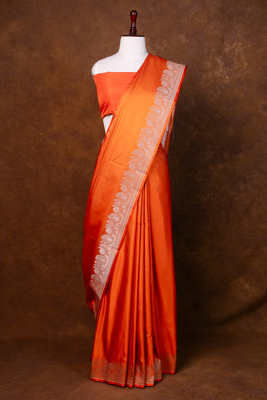 Elegant Bright Orange Pure Banarasi Mashru Silk Saree with Zari Border