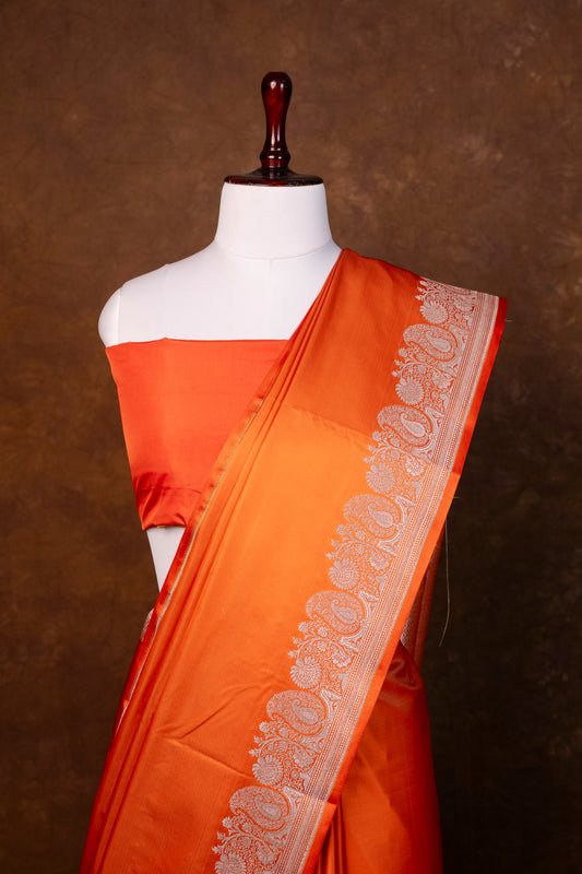 Elegant Bright Orange Pure Banarasi Mashru Silk Saree with Zari Border