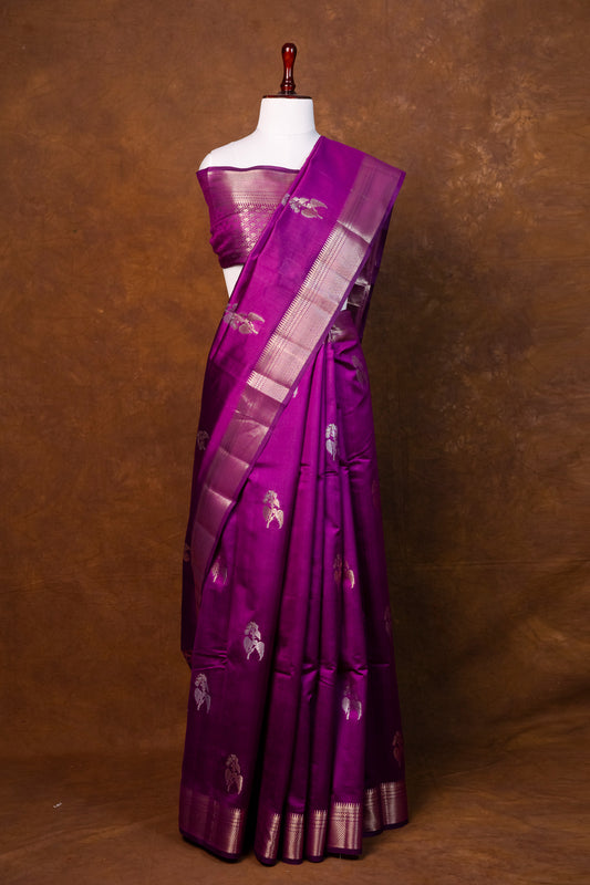 Elegant Royal Purple pure Chiniya Silk Saree with Silver Zari Motifs ! Chiniya Silk !