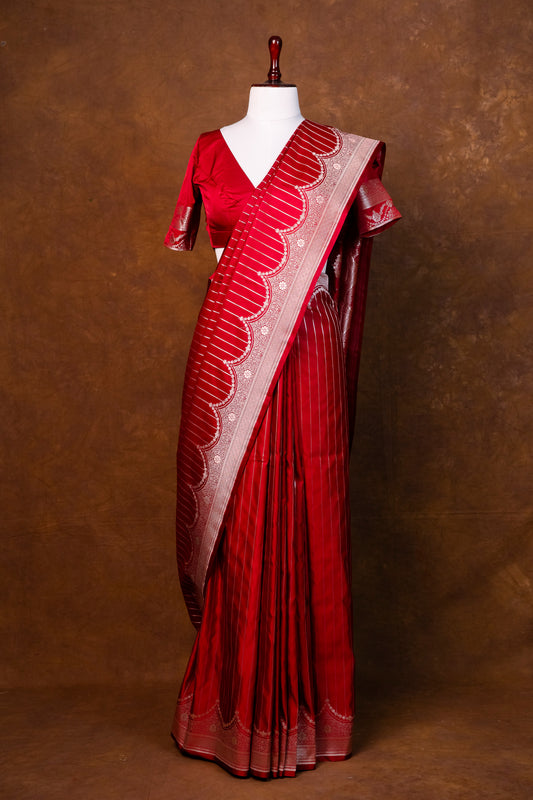 Elegant Crimson Red Pure Banarasi Mashru Silk Saree with Zari Border
