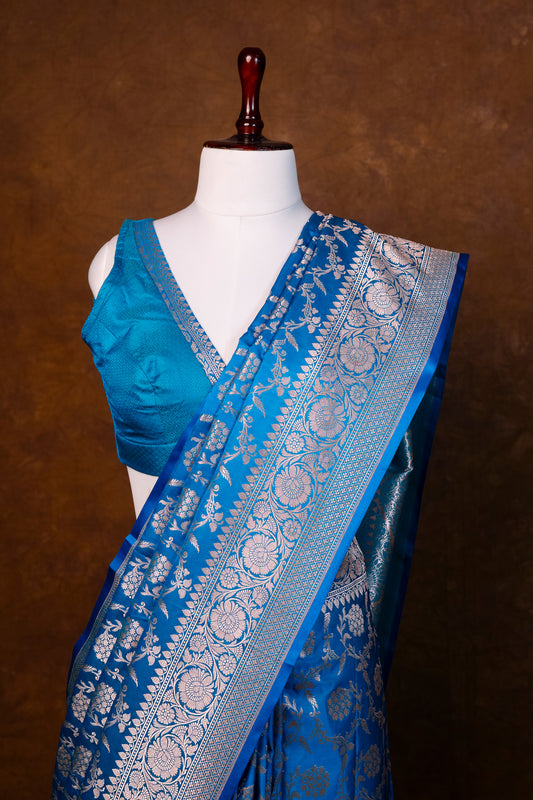Elegant Royal Blue Pure Banarasi Mashru Silk Saree with Rich Zari Weaving