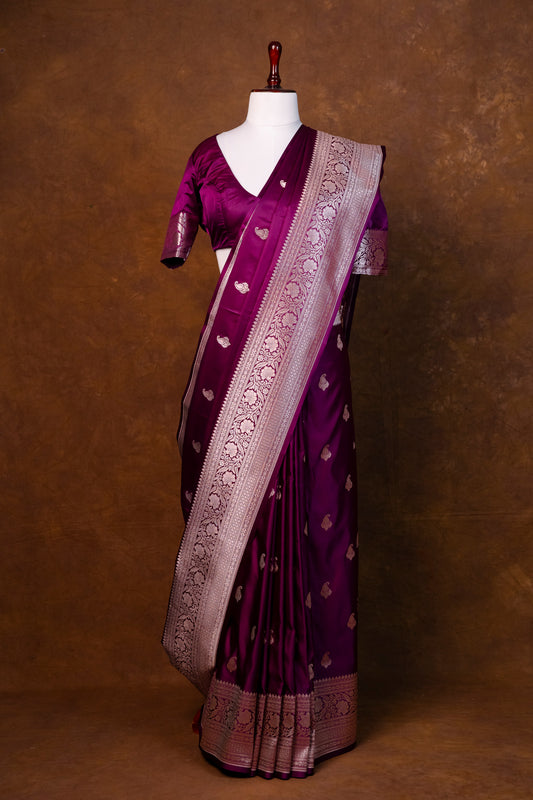 Elegant Purple Pure Banarasi Mashru Silk Saree with Gold Zari Weaving
