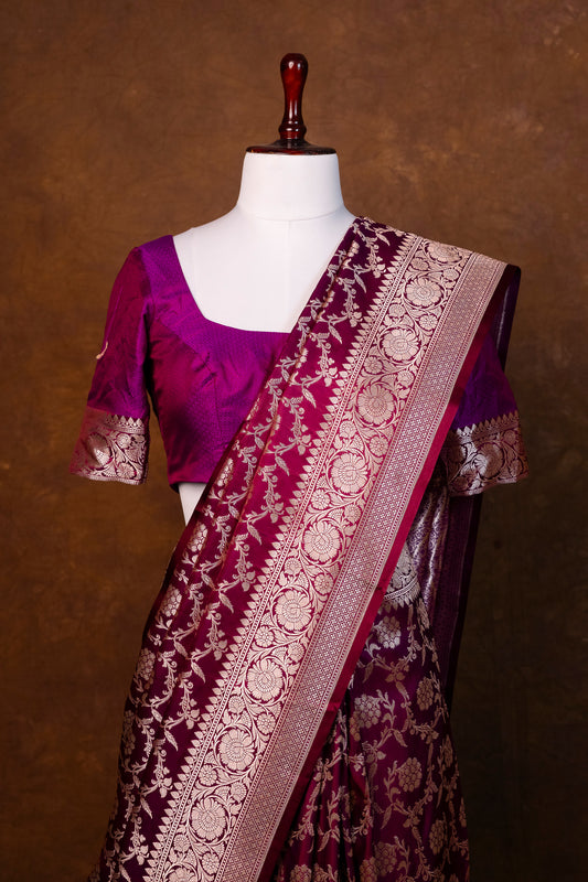 Wine Purple Pure Banarasi Mashru Silk Saree with Rich Zari Weaving