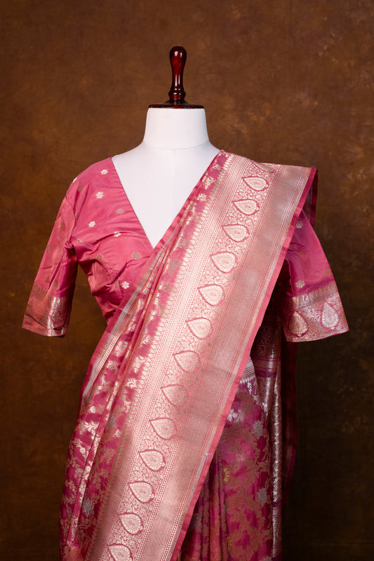 Rose Pink Kela Silk Saree with Traditional Woven Border