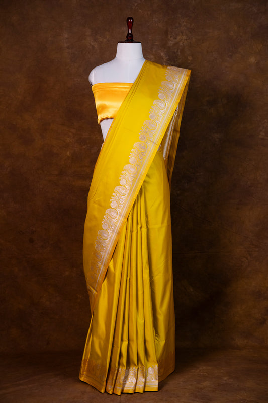 Mustard Yellow Pure Banarasi Mashru Silk Saree with Zari Border