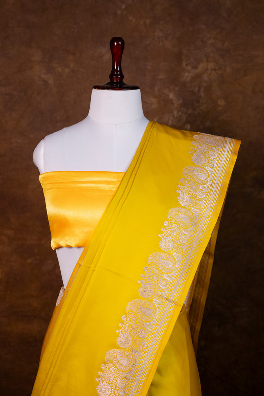 Mustard Yellow Pure Banarasi Mashru Silk Saree with Zari Border