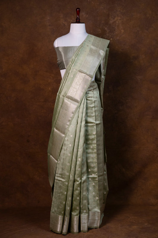 Pastel Green Chiniya Silk Saree with Woven Zari Border