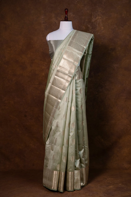 Sage Green Chiniya Silk Saree with Zari Buti & Rich Border ! Pista Green pure Chiniya Silk !