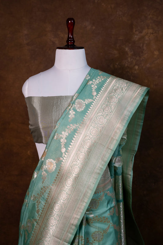 Sea Green Kela Silk Saree with Floral Zari Weaving