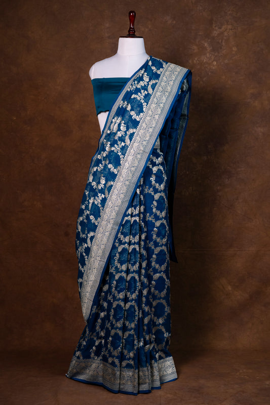 Royal Blue Banarasi Khaddi Silk Saree with Silver Zari Weaving