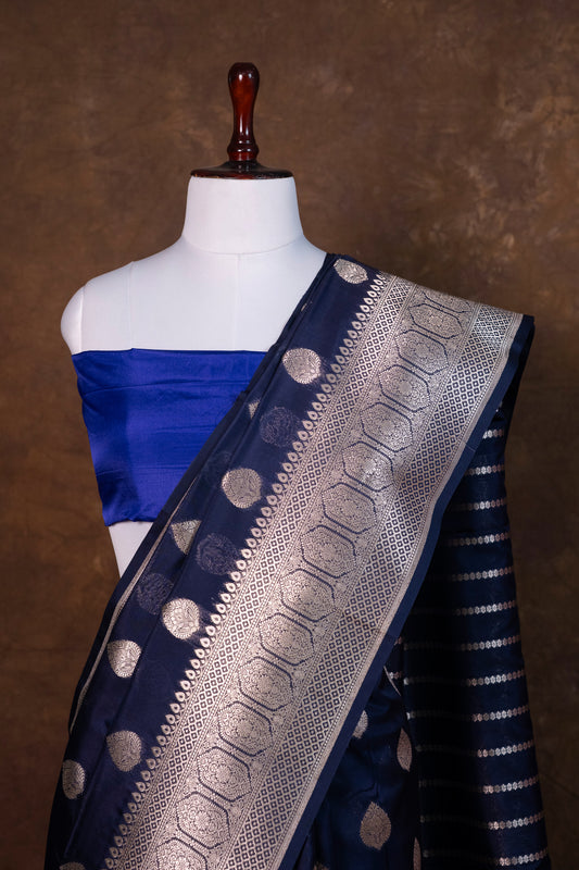 Navy Blue Banarasi Kela Silk Saree with Silver Zari Motifs