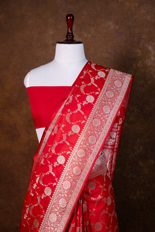 Red Pure Banarasi Mashru Silk Saree with Silver Zari Floral Weaving