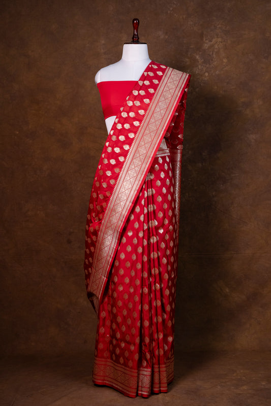 Red Bumper Silk Saree with Golden Zari Buti Weaving