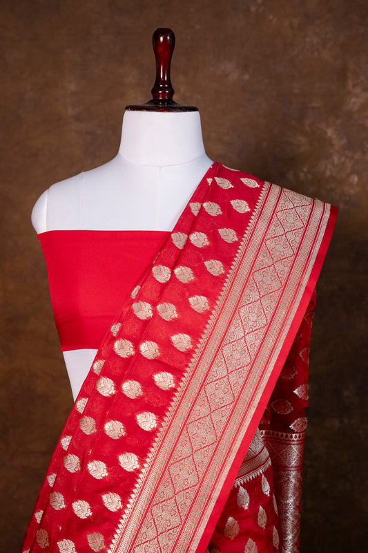 Red Bumper Silk Saree with Golden Zari Buti Weaving