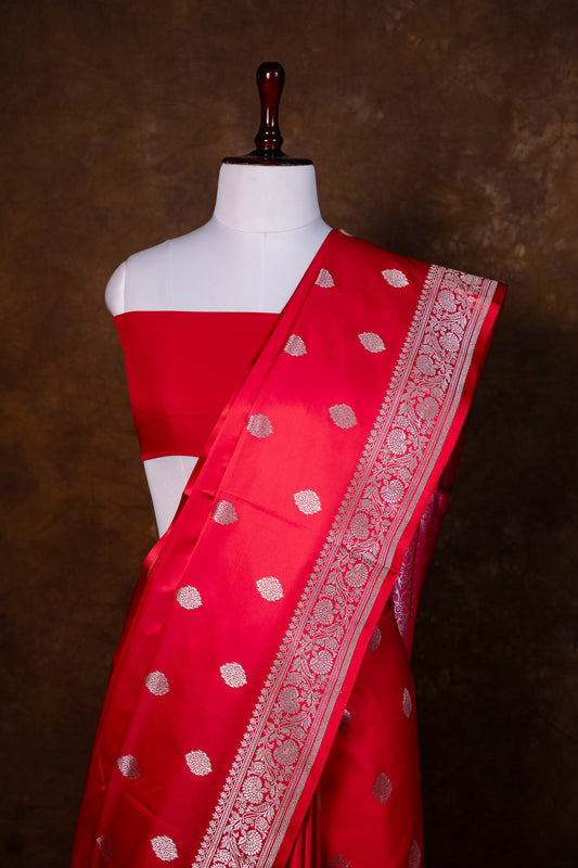 Red Pure Banarasi Mashru Silk Saree with Gold Motifs