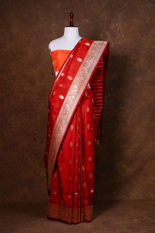 Rust Kela Silk Saree with Gold Zari Motifs