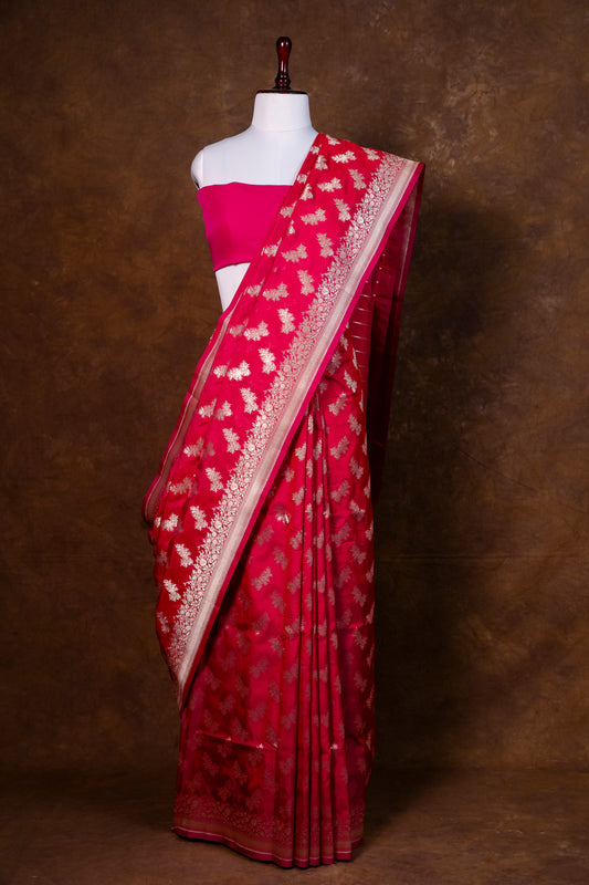 Rani Pink Kela Silk Saree with Gold Zari Floral Motifs