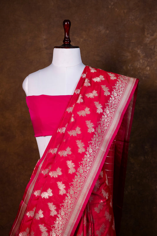 Rani Pink Kela Silk Saree with Gold Zari Floral Motifs
