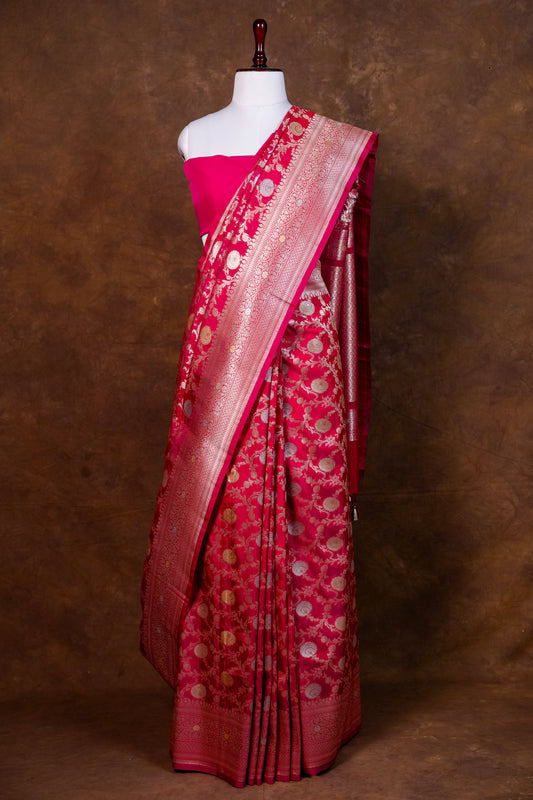 Rani Pink Kela Silk Saree with Rich Zari Floral Weaving