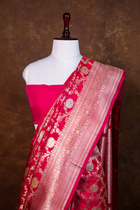 Rani Pink Kela Silk Saree with Rich Zari Floral Weaving