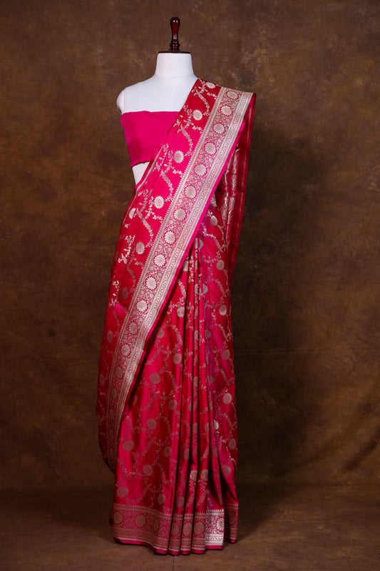 Rani Pink Pure Banarasi Mashru Silk Saree with Silver Zari Floral Weaving