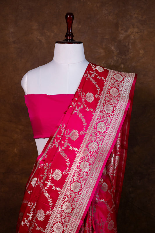 Rani Pink Pure Banarasi Mashru Silk Saree with Silver Zari Floral Weaving