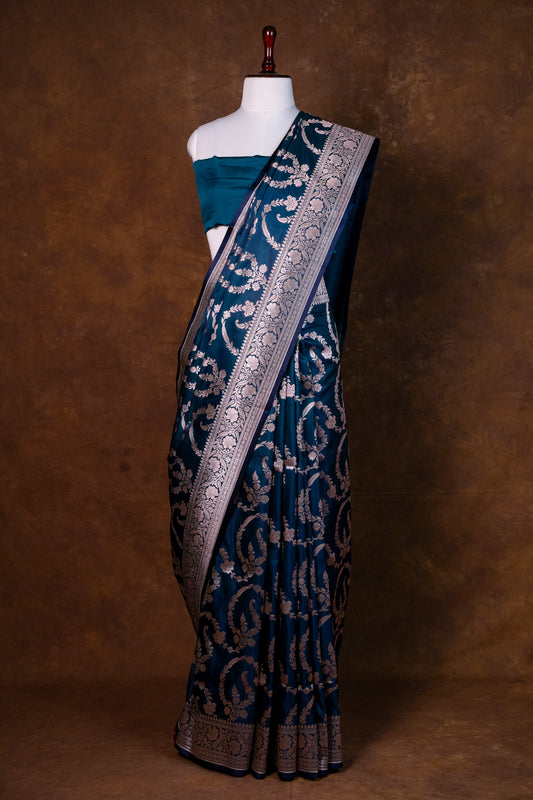Teal Blue Pure Banarasi Mashru Silk Saree with Silver Zari Work