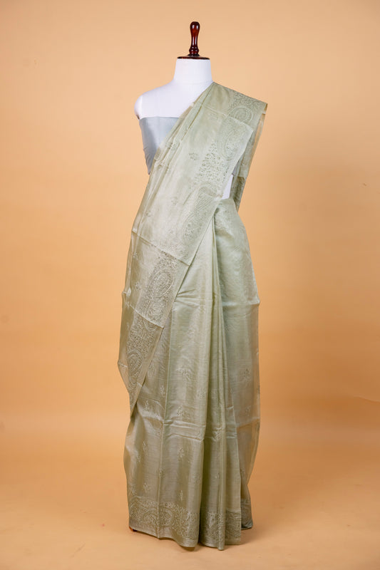 Sage Green Tussar Silk Saree with Delicate Hand Embroidery