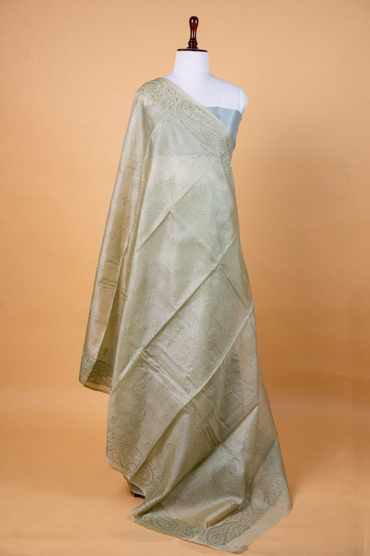 Sage Green Tussar Silk Saree with Delicate Hand Embroidery