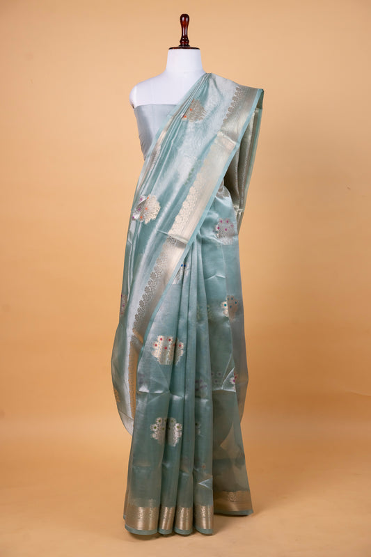 Aqua Blue Pure Tissue Silk Saree with Floral Zari Accents