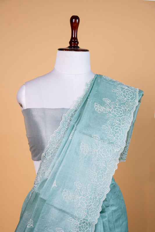 Pure Tussar Silk Saree with Delicate White Embroidery.