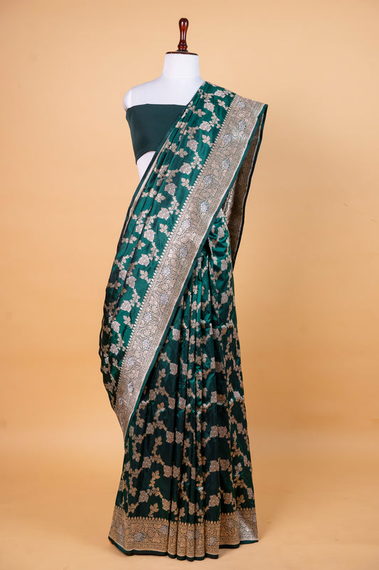 Pure Katan Meena Chaal Silk Saree in Deep Emerald Green