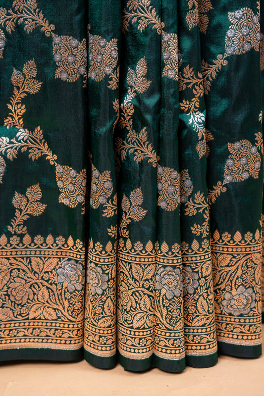 Pure Katan Meena Chaal Silk Saree in Deep Emerald Green