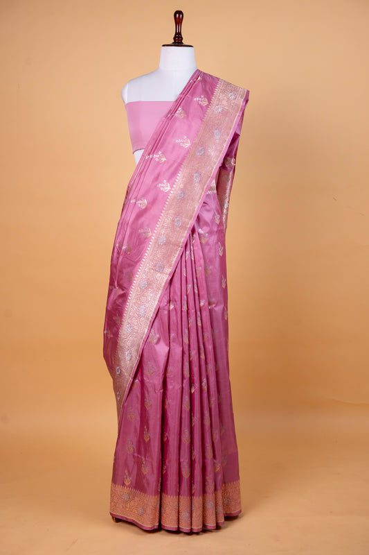Pure Katan Meena Booti Silk Saree in Rose Pink