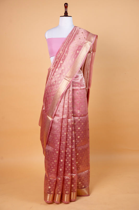 Pure Tissue Silk Saree in Blush Pink with Gold Zari Buttis
