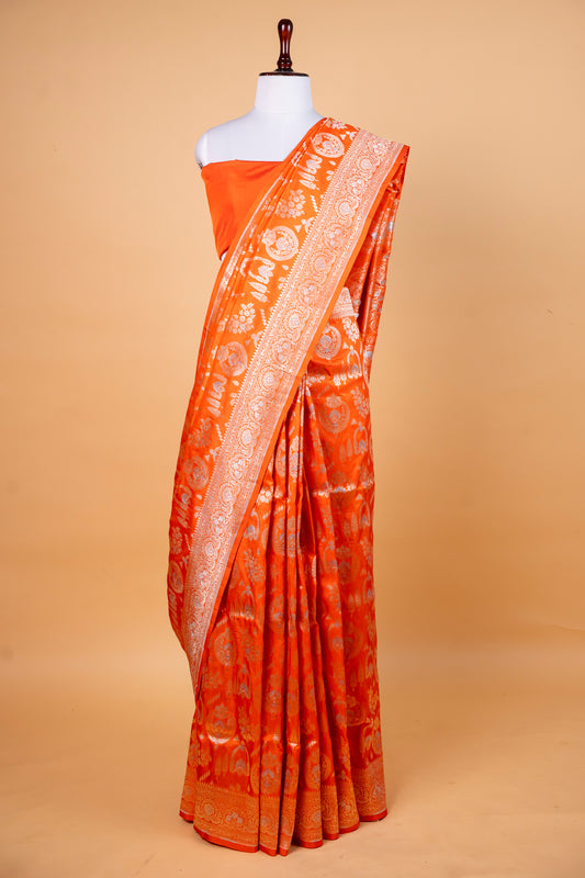 Pure Katan Silk Saree in Vibrant Orange with Silver Zari Jaal