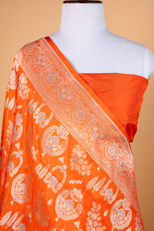 Pure Katan Silk Saree in Vibrant Orange with Silver Zari Jaal