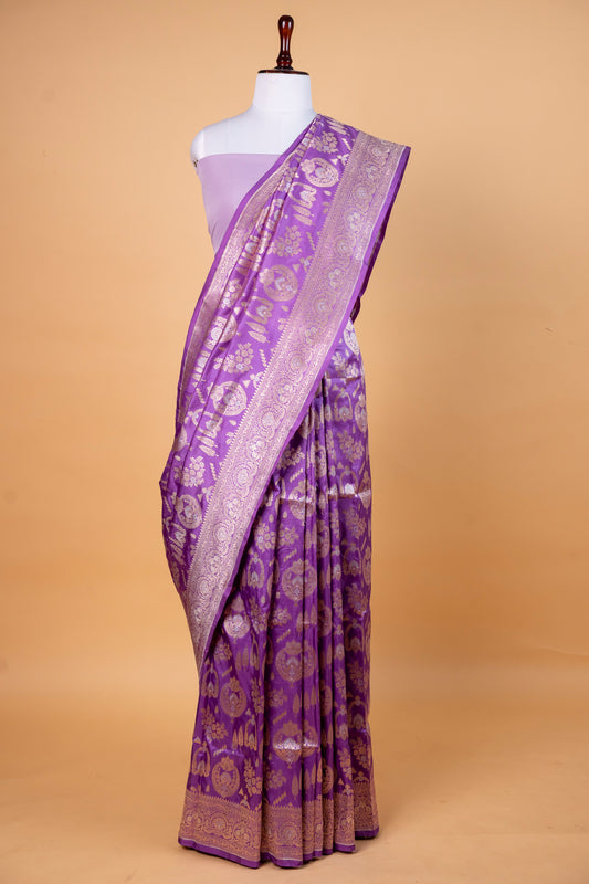 Pure Katan Silk Saree in Royal Purple with Silver Zari Jaal. ! Lavender !