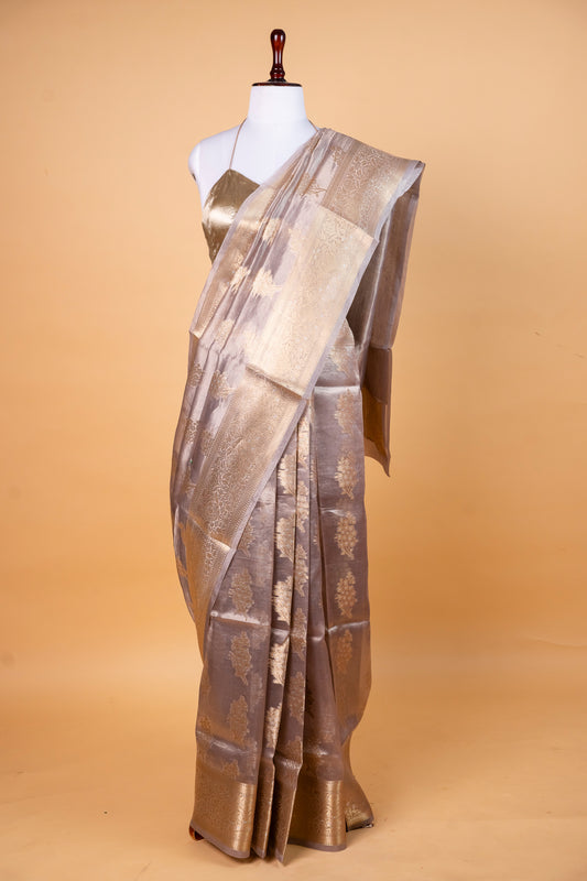 Pure Tissue Silk Saree in Smoky Grey with Antique Gold Zari