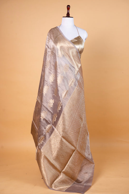 Pure Tissue Silk Saree in Smoky Grey with Antique Gold Zari
